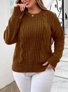 Calvaya Plus Size Solid Color Twist Knit Crew Neck Casual Pullover Sweater, For Winter Knit Pullover Fall - Brown - View 3