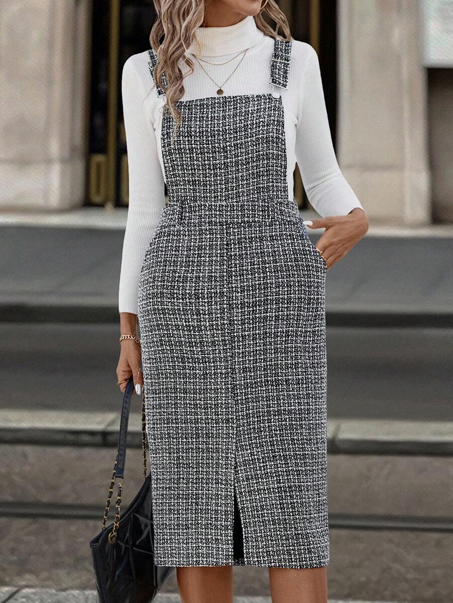 SHEIN Clasi 女士黑白格子无袖背带裙，秋冬女装 - 黑與白 - 查看 1