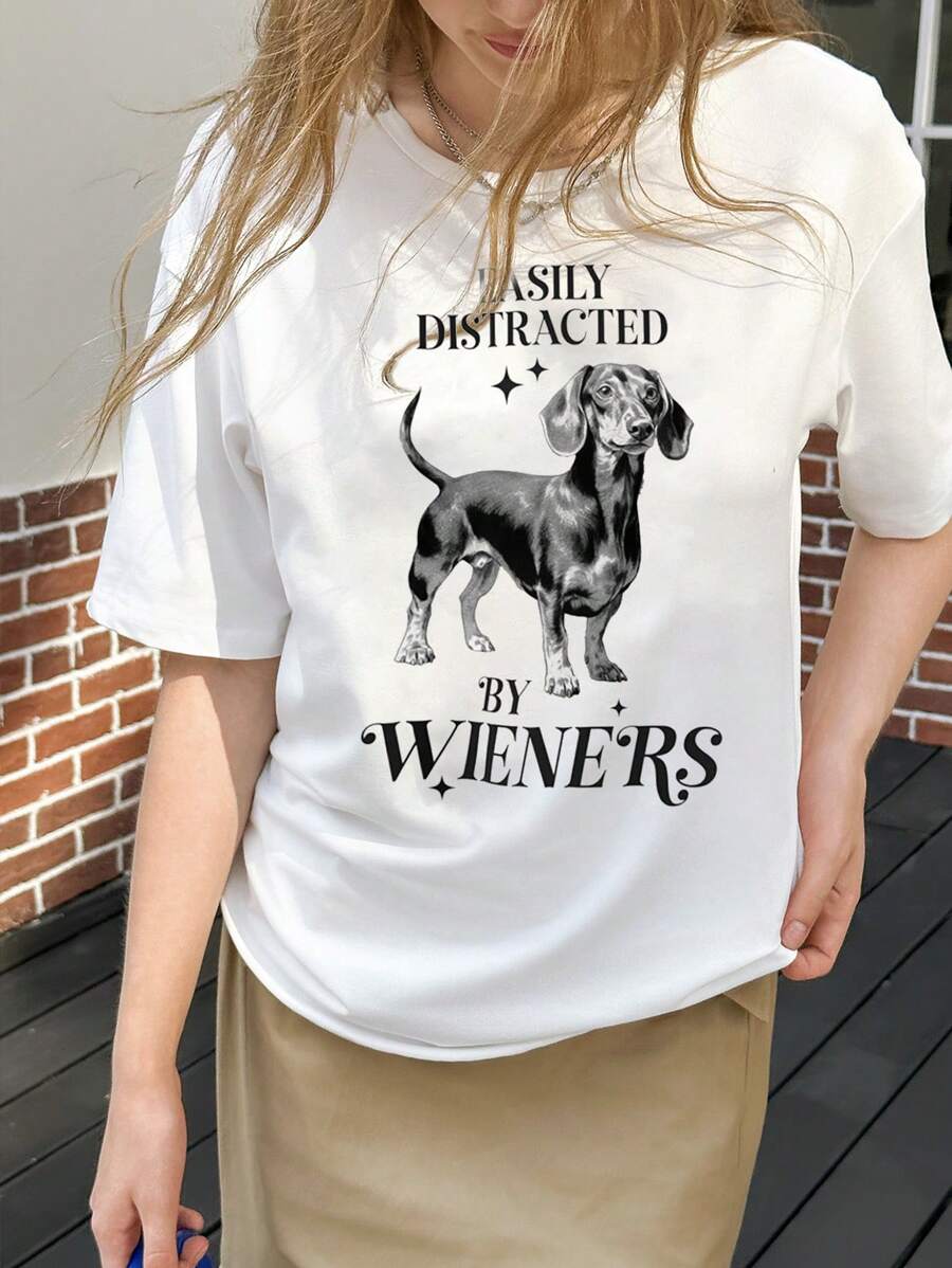 SHEIN Unity 女士休闲趣味腊肠犬印花宽松短袖圆领 T 恤图案 T 恤女式上衣 - 白色 - 查看 1