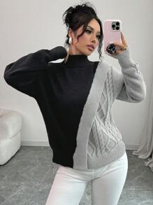 Elenzga 黑色拼接灰色压纹针织高领开衩长袖毛衣，女士针织套头衫，秋冬款 - 彩色 - 查看 4