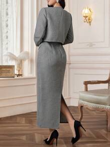 Modelyn Autumn Stylish Refined Romantic Embellished Pearl Long Sleeve Jacket & Round Neck Sleeveless Dress 2pcs Suit Set For Women 2 Pieces Set - Black and White - View 3