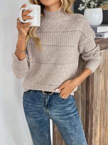 SHEIN LUNE Áo len chui đầu dài tay rộng thùng thình hở vai nửa cổ lọ thường ngày cho nữ - Màu be - Xem 6