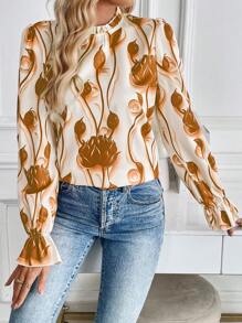 SHEIN Clasi 女式优雅花卉印花荷叶边袖衬衫，秋季 - 卡其色 - 查看 6