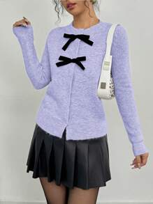 Elenzga Women's Autumn/Winter Bow Decor Casual Loose Cardigan - Purple - View 6