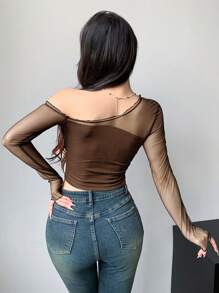 DAZY 女士时尚斜肩网眼撞色修身衬衫夏季透明长袖女式上衣 - 棕色 - 查看 3