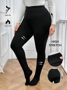 SHEIN Privé Plus Size High Waist Slimming Black Shapewear Jumpsuits Pantyhose Skin Leggings - Black - View 4