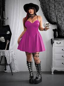 Flirla 加大码女式哥特式褶皱后背 A 字型 PU 无袖吊带裙，不含紧身胸衣哥特女装