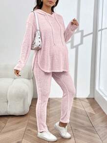 SHEIN 2-częściowy zestaw dresowy dla kobiet w ciąży: bluza z kapturem i regulowane legginsy w pasie, różowy, jesienny - Słodki róż - Zobacz 5