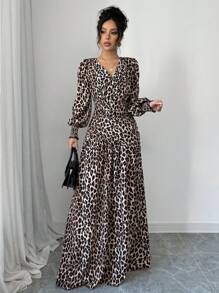 Rafferiza French Leopard Print Woven V-Neck Cross Design Lantern Sleeve Ruffle Drawstring Long Sleeve Autumn/Winter Dress For Women Maxi Women Outfit Fall Cloth For Women - Multicolor - View 7