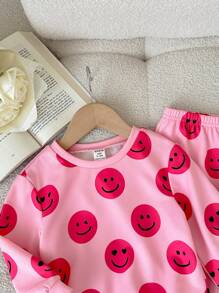 SHEIN Baby Girl Cute Pink Fun Graphic Print Long Sleeve Hoodie And Pants 2 Pieces Set, Autumn/Winter - Hot Pink - View 4