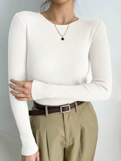 DAZY Suéter de punto de cuello redondo de unicolor, de manga larga, para uso casual y de negocios, para mujer, otoño/invierno, ropa de mujer