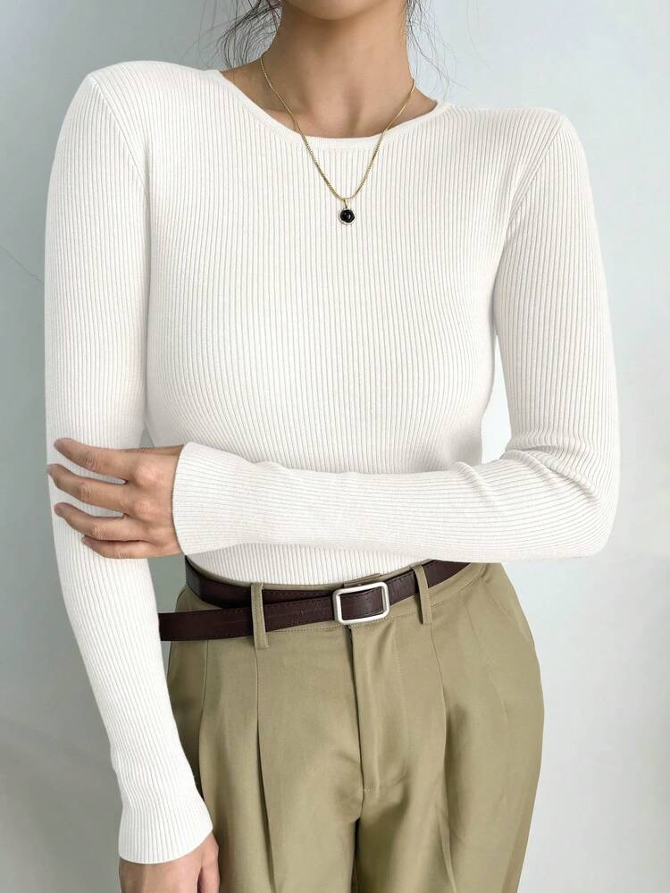 Women's Solid Color Round Neck Long Sleeve Business Casual Knitted Pullover Sweater, Autumn/Winter,Fall Women Clothes
