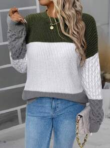 SHEIN LUNE Plus Size Women Colorblock Crew Neck Knit Sweater Top, Versatile Knit Pullover Fall Winter - Multicolor - View 4