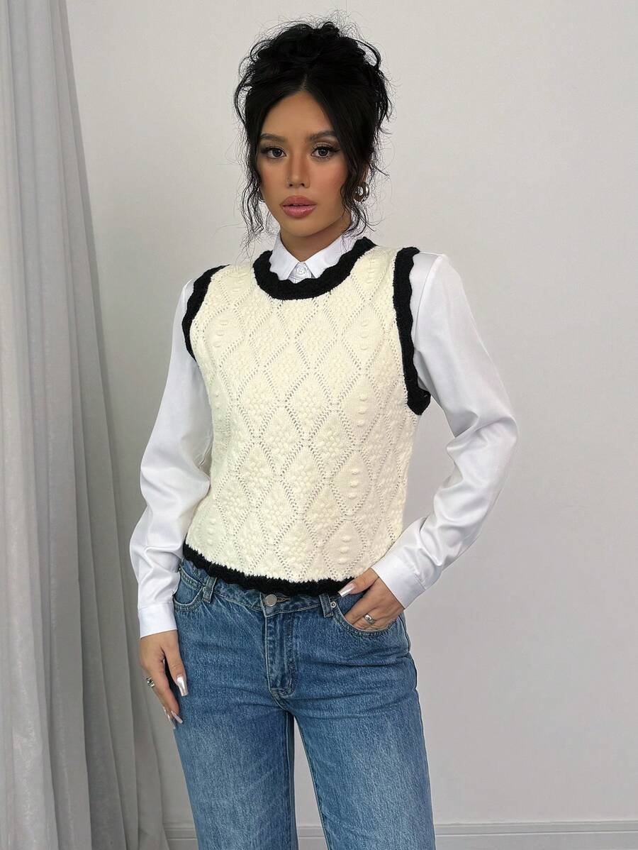 SHEIN Unity 法式简约黑白撞色几何图案女款常规针织背心,秋冬款 - 杏色 - 查看 1