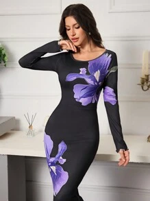 Modelyn 女士花卉印花圆领长袖鱼尾下摆修身优雅连衣裙长款晚礼服 - 黑色 - 查看 5