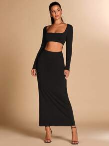 SHEIN BAE Robe de soirée simple à encolure en V polyvalente pour les sorties, robe de gala maxi dos nu en forme de sirène. Convient pour les fêtes d'Halloween et le port quotidien