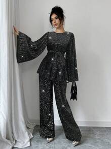 Elenzga Bộ 2 món áo tay loe xếp ly thiết kế đơn giản cho nữ và quần ống rộng - màu đen - Xem 1