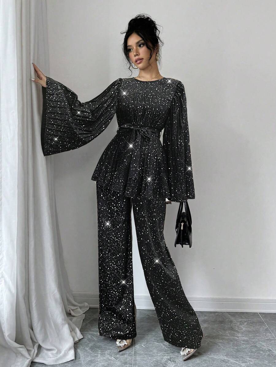 Elenzga Bộ 2 món áo tay loe xếp ly thiết kế đơn giản cho nữ và quần ống rộng - màu đen - Xem 1