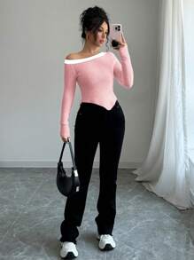 SHEIN Unity New Style Oblique Shoulder Contrast Fitted Pullover Sweater Knit Pullover Fall Winter - Pink - View 6