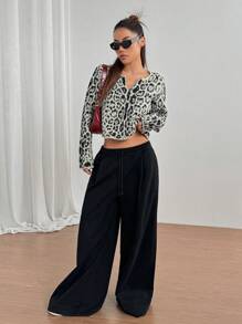 SHEIN Unity 女士豹纹翻领休闲套头毛衣，长袖针织套头衫，秋冬款 - 黑色 - 查看 7