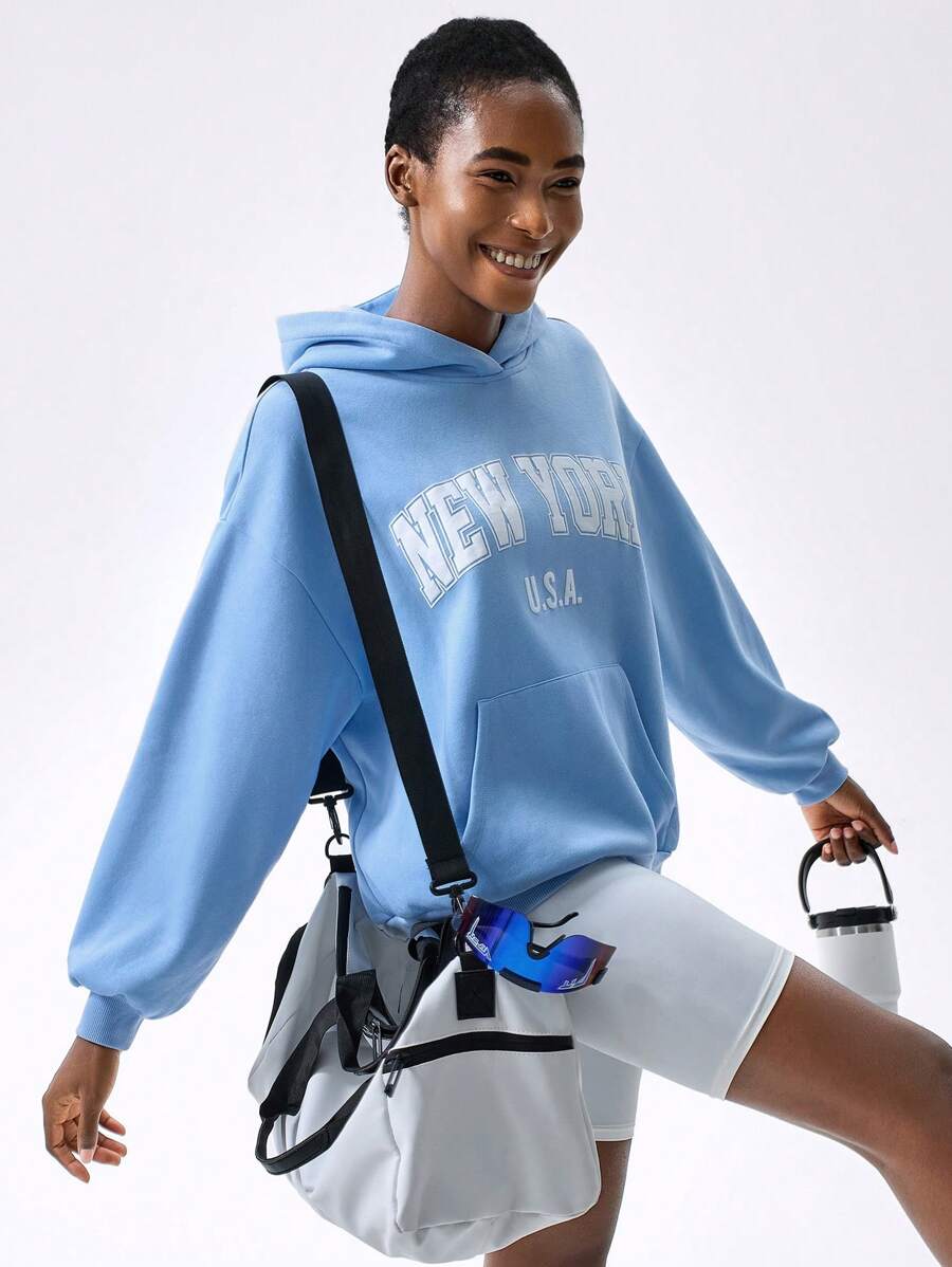 VARSITIE Hoodie Women's Casual Letter Print Pocket Hoodie Sweatshirt, Minimalist Outdoor Wear, Long Sleeve - Blue - View 1