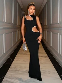 SHEIN BAE 1pc Women's Solid Black Long Dress With Sexy Sleeveless Oblique Shoulder, Cut-Out Design And Crystal Embellished Chain, Suitable For Graduation Party, Formal Occasions, Cocktail Party, Romantic Date, Autumn/Winter Layering, Gatherings, Nightclub, Wedding Bridesmaid, Going Out,Valentine's Day,Valentine Outfits For Women - Black - View 5