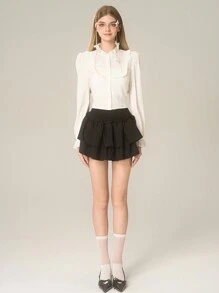 SHEIN Explorewe 青少年女孩休闲荷叶边领扣式泡泡袖衬衫，优雅时尚，非常适合秋春冬季日常穿着和上学