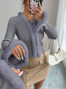 Chiquease 女士休闲纯色长袖毛衣开衫，带毛领，秋季 - 淺灰色 - 查看 5