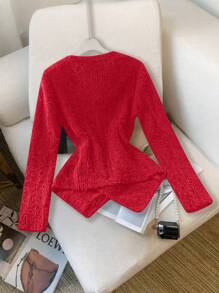 SHEIN Clasi 女士优雅蝴蝶装饰交叉裹身毛衣，秋冬新年服装 - 紅色 - 查看 2