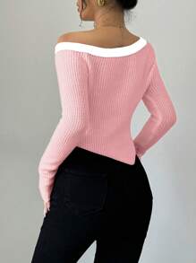 SHEIN Unity New Style Oblique Shoulder Contrast Fitted Pullover Sweater Knit Pullover Fall Winter - Pink - View 2