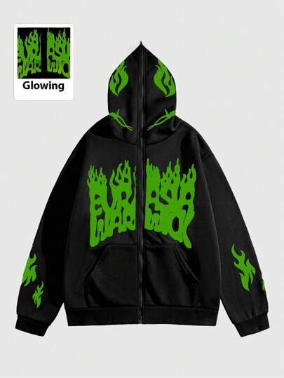 Street Life Sudadera con capucha casual de hombre con estampado de letras fluorescentes en la oscuridad y cierre de cremallera para otoño