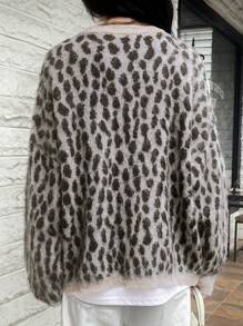 DAZY Women Leopard Print Patchwork Knitted Cardigan,Fall Clothes - Khaki - View 4