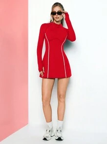 VARSITIE 高领撞色边女式运动连衣裙红色长袖连衣裙长袖红色连衣裙性感长袖连衣裙 - 紅色 - 查看 1