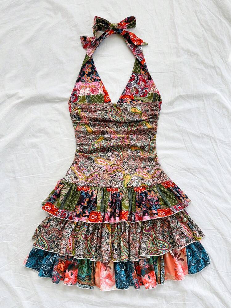 SHEIN WYWH Women's Holiday Paisley Pattern Patchwork Halter Tie Waist Ruched Low Waist Layered Hem Mini Dress - Multicolor - View 2