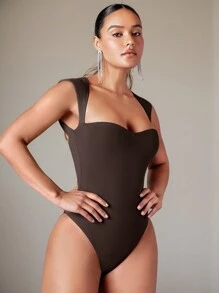 Silquee Solid Cut Out Back Bodysuit - Chocolate Brown - View 2