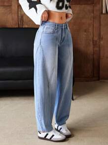 SHEIN EZwear Women's Casual Contrast Color Pockets Loose Fit Jeans - Blue - View 5