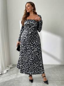 SHEIN Privé Plus Size Women Leopard Print Long Dress - Grey - View 4