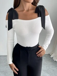 SHEIN Privé 女士新款优雅派对肩部蝴蝶结吊带毛衣，撞色设计时尚套头衫，圣诞服装，聚会，秋冬 - 黑與白 - 查看 7