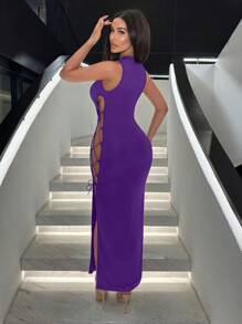 SHEIN SXY Sexy Criss-Cross Hollow Out High Slit Dress,Lavender Dress - Purple - View 2
