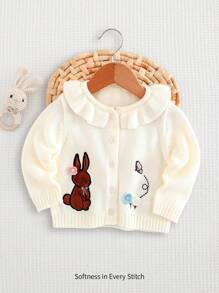 Cozy Pixies Baby Girl Cute Rabbit Applique Crochet Flower Pattern Ruffle Collar Casual Cardigan Sweater, Creamy White - White - View 3