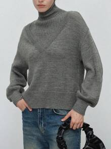SHEIN LUNE Solid Color Long Sleeve Minimalist Turtleneck 2 In 1 Sweater, Casual Everyday Wear Knit Pullover Fall Winter - Grey - View 1