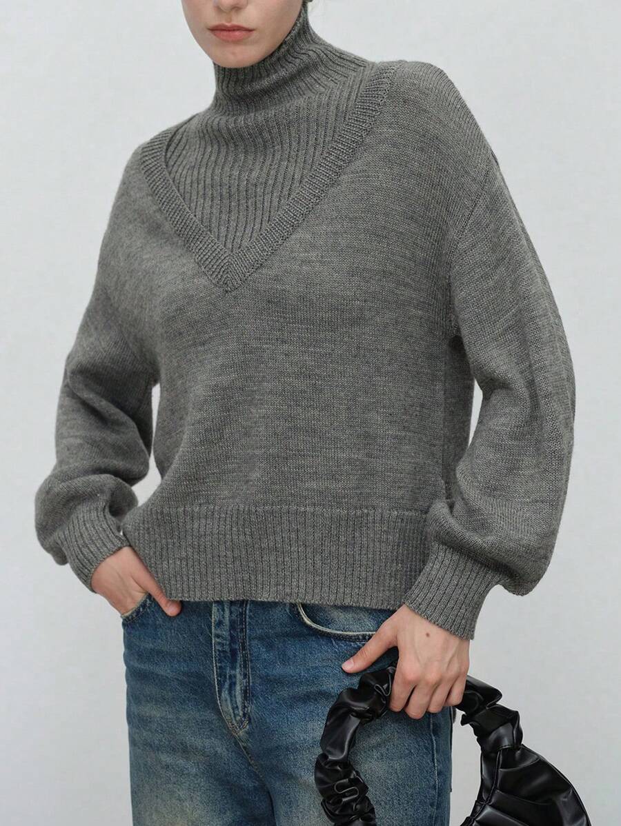 SHEIN LUNE Solid Color Long Sleeve Minimalist Turtleneck 2 In 1 Sweater, Casual Everyday Wear Knit Pullover Fall Winter - Grey - View 1