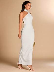 SHEIN BAE 纯色长裙，露背吊带，水晶链装饰，优雅简约的设计，适合鸡尾酒会、浪漫约会、冬季分层穿着、派对、婚礼伴娘、晚间外出