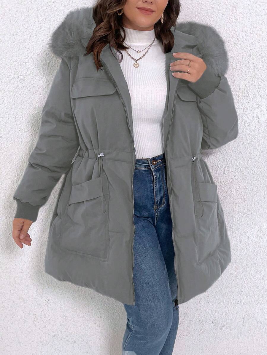 Calvaya Plus Size Women Solid Color Long Sleeve Drawstring Waist Fluffy Hooded Padded Padded Coat For Winter Clothes - Grey - View 1