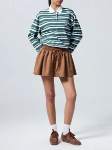 LYSMO Women Solid Color Minimalist Drawstring Waist Short Faux Suede Skirt, Casual