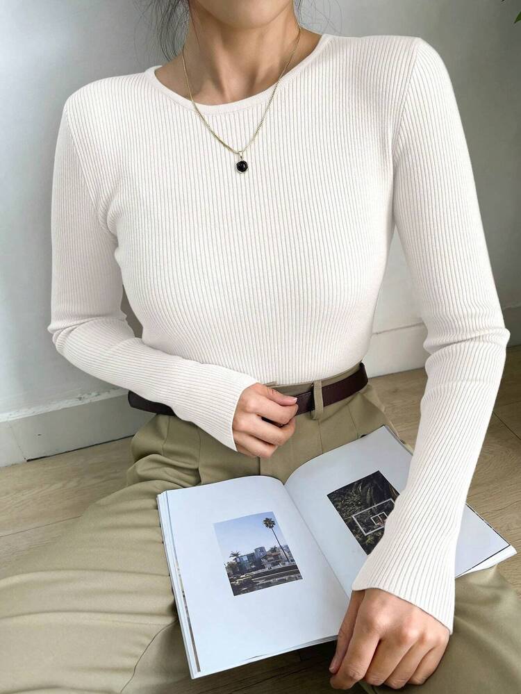 Women's Solid Color Round Neck Long Sleeve Business Casual Knitted Pullover Sweater, Autumn/Winter,Fall Women Clothes