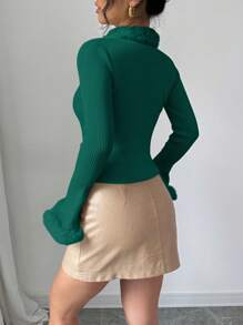 SHEIN Unity 女士纯色长袖休闲毛领拼布针织开衫，秋季 - 綠色 - 查看 2