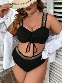 SHEIN Swim Curve 夏季海滩加大码女式比基尼套装带抽绳和水钻装饰 - 黑色 - 查看 3