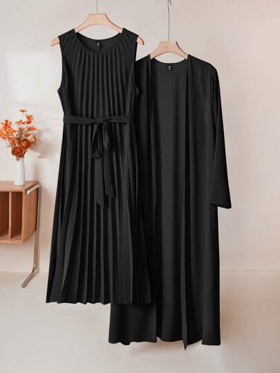 Al Najma 2 件套大码女式纯色长袖开衫和圆领无袖褶皱连衣裙套装，秋季休闲 2 件套