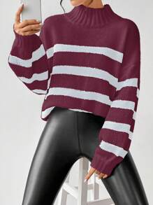 SHEIN Unity Casual Colorblock Striped Dropped Shoulder Knitted Sweater, Autumn/Winter For New Year Fall - Red - View 6